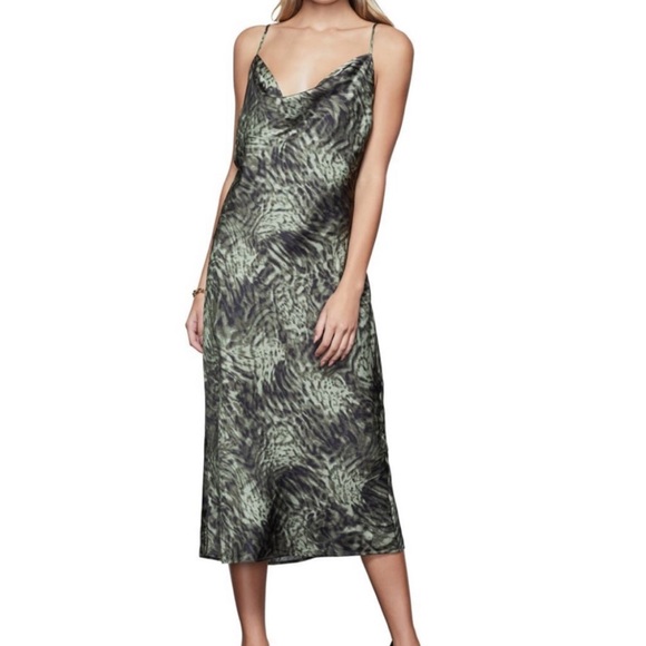 Good American Jungle Print Cowl Neck Green Bias Midi Slip Dress Size Small - Picture 1 of 11